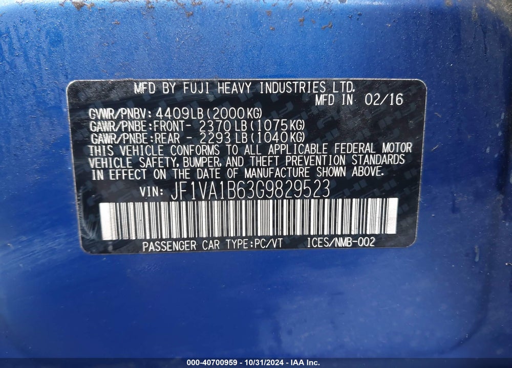 2016 SUBARU WRX VIN: JF1VA1B63G9829523