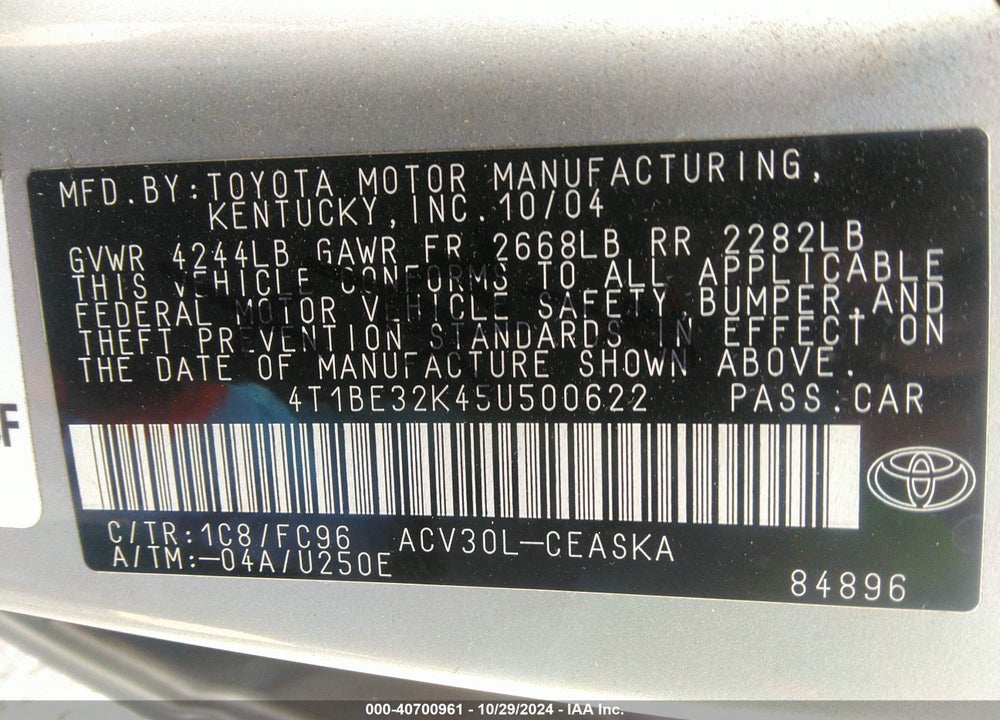 2005 TOYOTA CAMRY SE VIN: 4T1BE32K45U500622