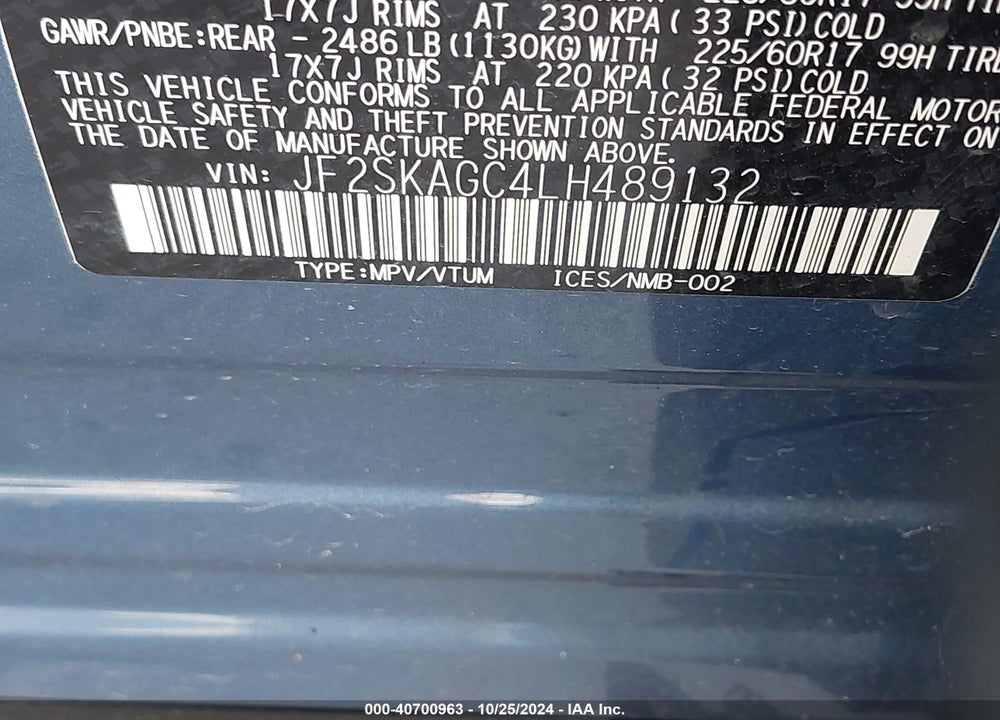2020 SUBARU FORESTER PREMIUM VIN: JF2SKAGC4LH489132