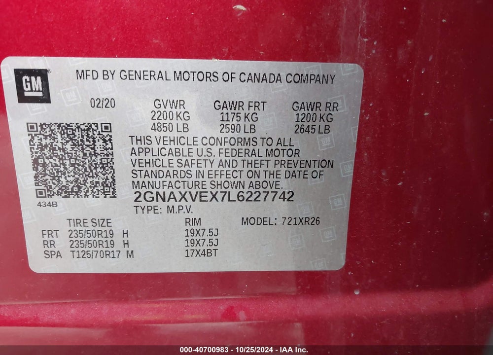 2020 CHEVROLET EQUINOX AWD LT 2.0L TURBO VIN: 2GNAXVEX7L6227742