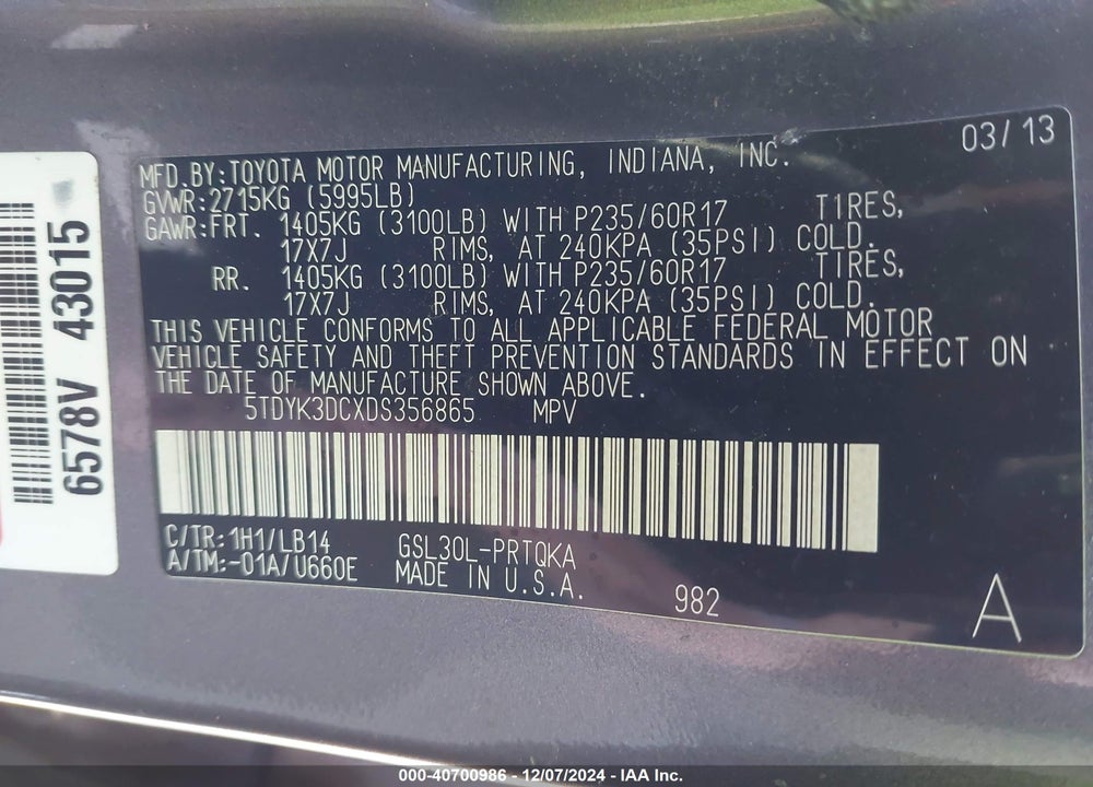 2013 TOYOTA SIENNA XLE LIMITED VIN: 5TDYK3DCXDS356865