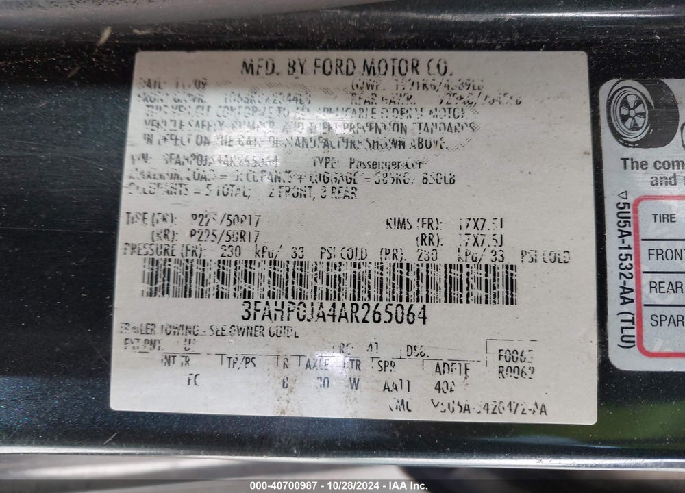 2010 FORD FUSION SEL VIN: 3FAHP0JA4AR265064