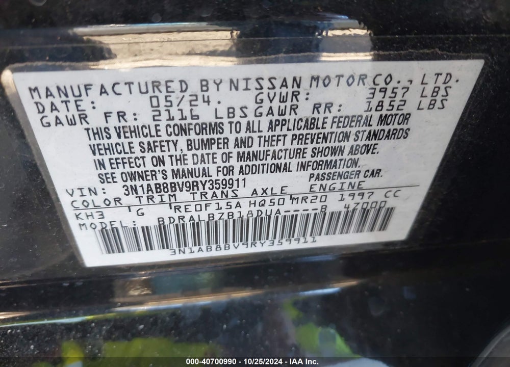 2024 NISSAN SENTRA S XTRONIC CVT VIN: 3N1AB8BV9RY359911