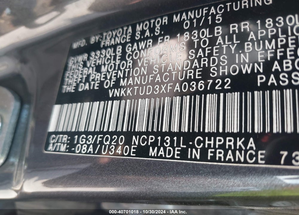 2015 TOYOTA YARIS L VIN: VNKKTUD3XFA036722