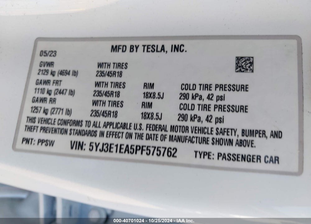 2023 TESLA MODEL 3 REAR-WHEEL DRIVE VIN: 5YJ3E1EA5PF575762