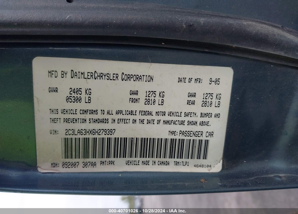 2006 CHRYSLER 300C VIN: 2C3LA63HX6H279397