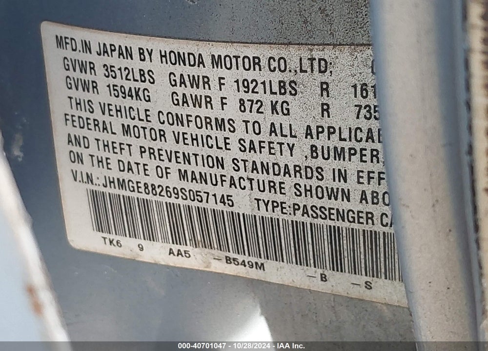 2009 HONDA FIT VIN: JHMGE88269S057145