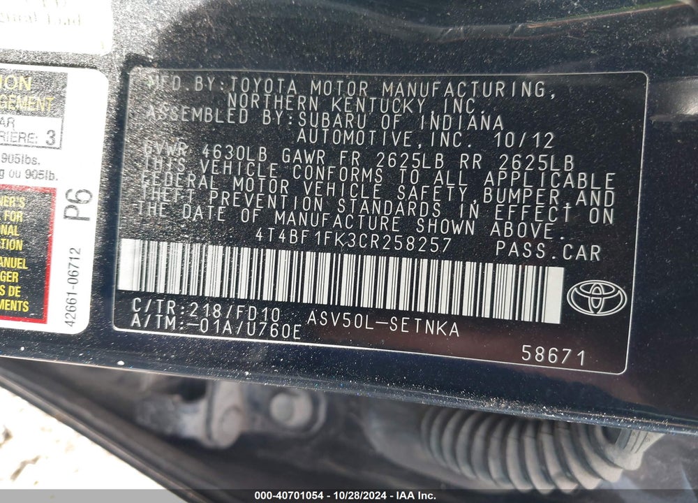2012 TOYOTA CAMRY LE VIN: 4T4BF1FK3CR258257
