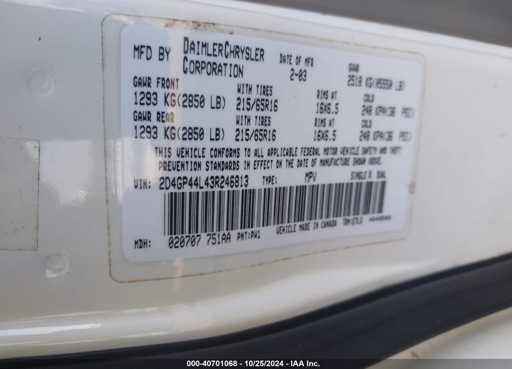 2003 DODGE GRAND CARAVAN SPORT VIN: 2D4GP44L43R246813