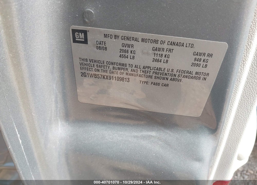 2009 CHEVROLET IMPALA LS VIN: 2G1WB57KX91109813