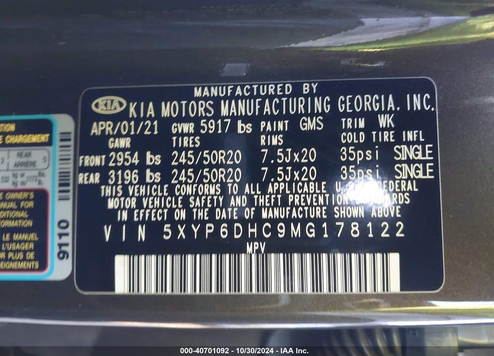 2021 KIA TELLURIDE S VIN: 5XYP6DHC9MG178122