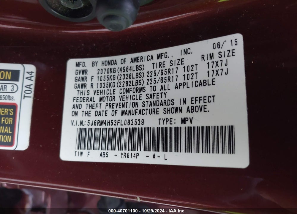 2015 HONDA CR-V EX VIN: 5J6RM4H53FL083539