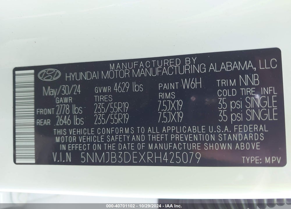 2024 HYUNDAI TUCSON SEL VIN: 5NMJB3DEXRH425079