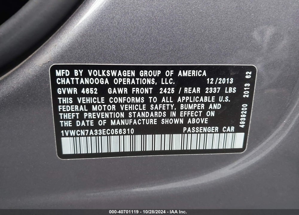 2014 VOLKSWAGEN PASSAT 2.0L TDI SEL PREMIUM VIN: 1VWCN7A33EC056310