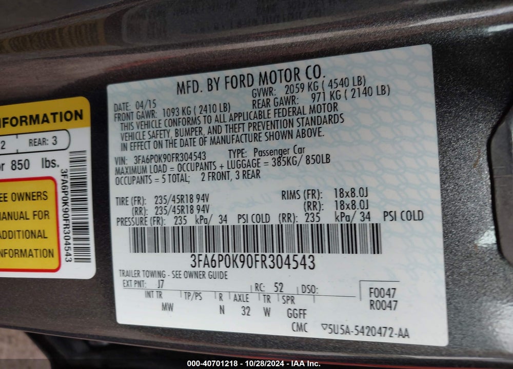2015 FORD FUSION TITANIUM VIN: 3FA6P0K90FR304543
