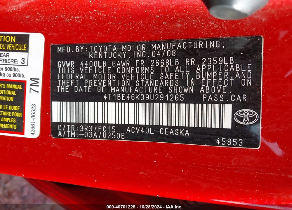2009 TOYOTA CAMRY SE VIN: 4T1BE46K39U291265