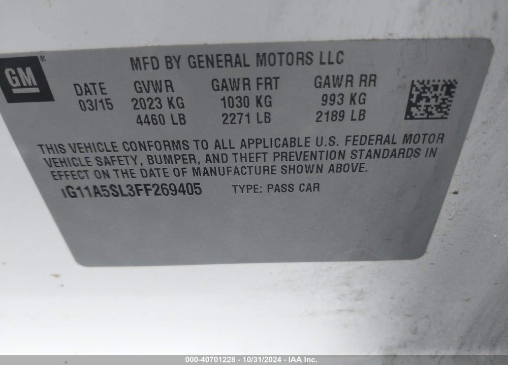 2015 CHEVROLET MALIBU 1FL VIN: 1G11A5SL3FF269405