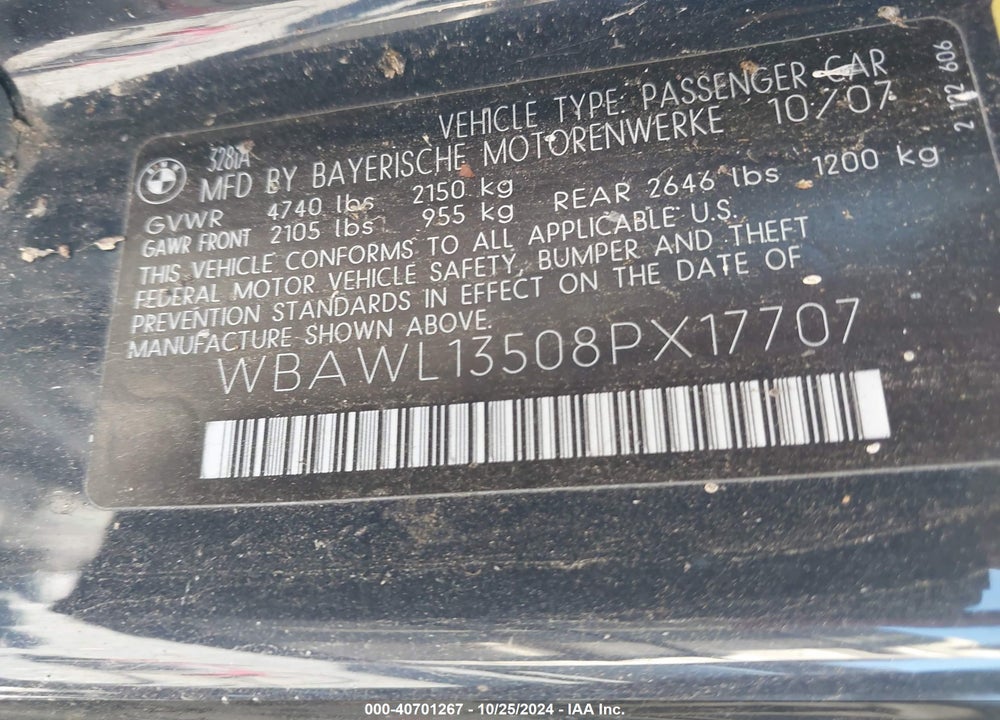 2008 BMW 328I VIN: WBAWL13508PX17707