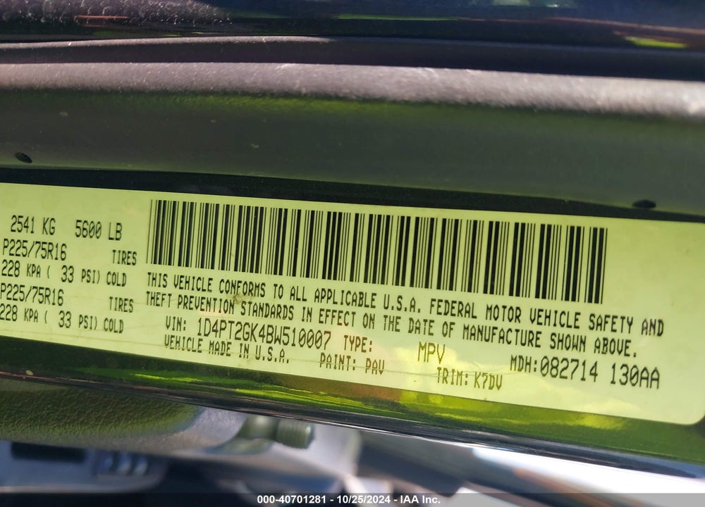 2011 DODGE NITRO SE VIN: 1D4PT2GK4BW510007