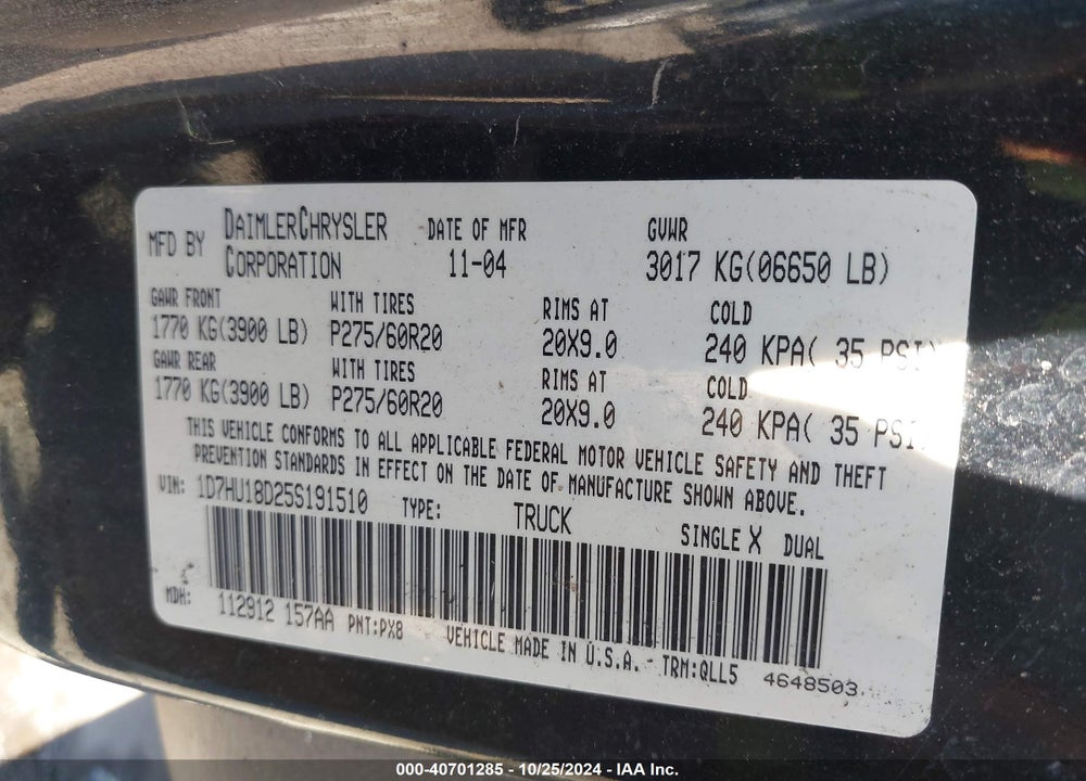 2005 DODGE RAM 1500 SLT/LARAMIE VIN: 1D7HU18D25S191510
