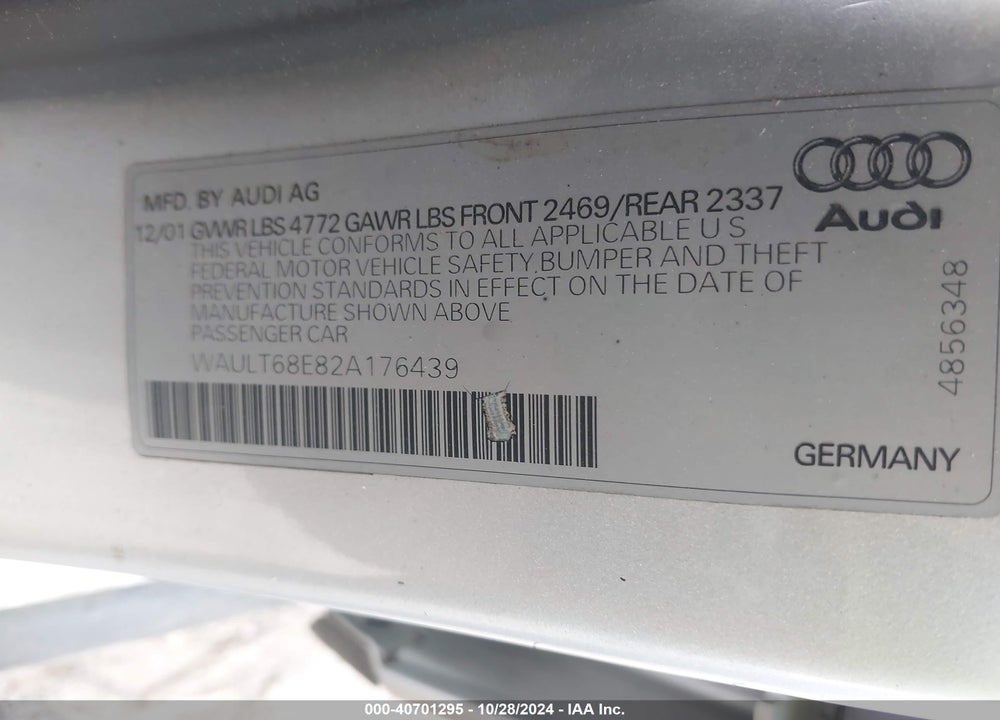 2002 AUDI A4 3.0 VIN: WAULT68E82A176439