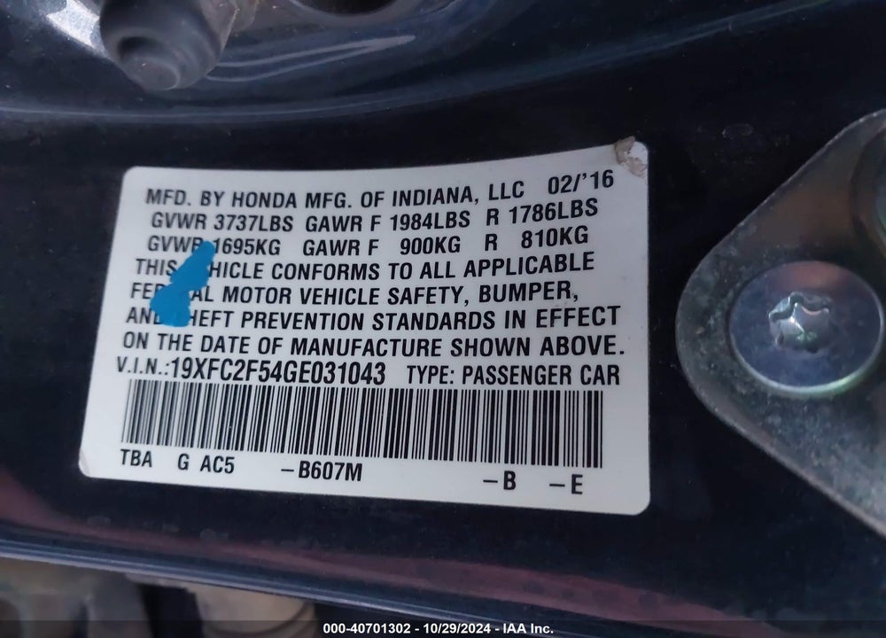 2016 HONDA CIVIC LX VIN: 19XFC2F54GE031043