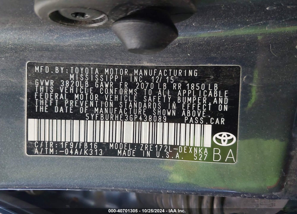 2016 TOYOTA COROLLA LE VIN: 5YFBURHE3GP438089