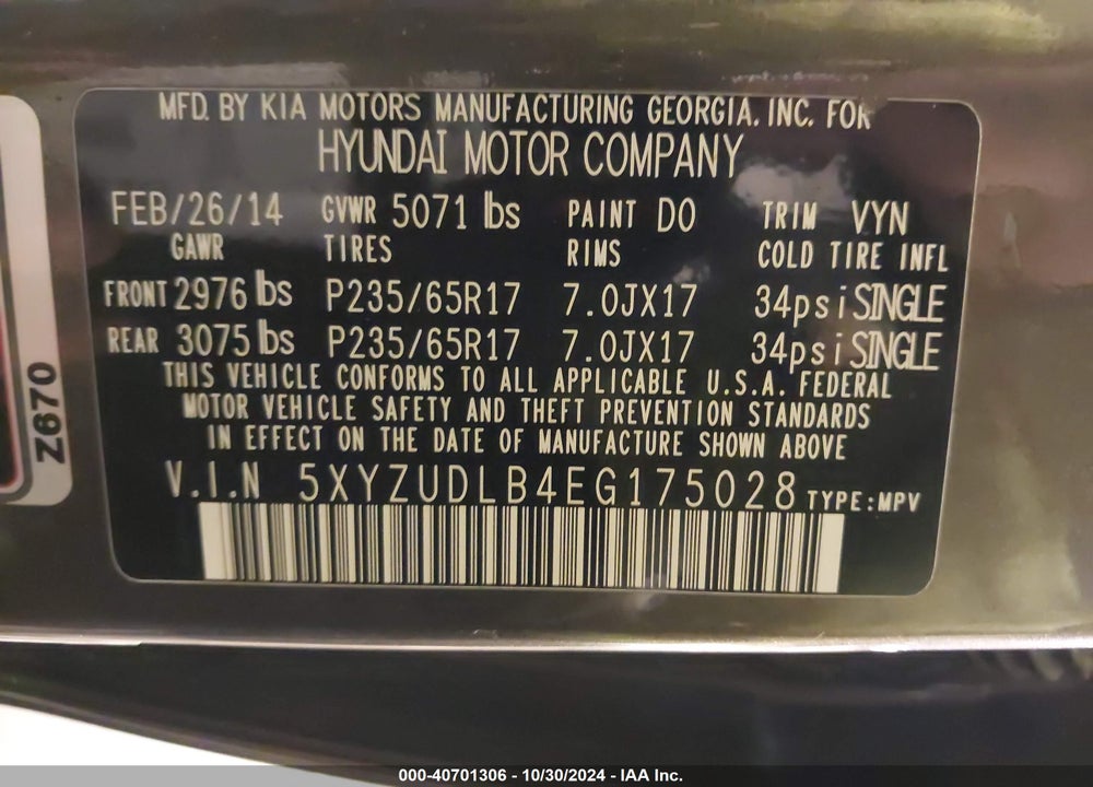 2014 HYUNDAI SANTA FE SPORT 2.4L VIN: 5XYZUDLB4EG175028