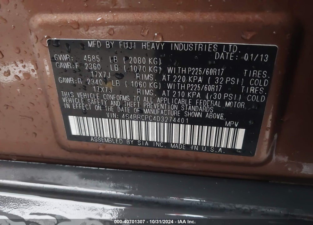 2013 SUBARU OUTBACK 2.5I LIMITED VIN: 4S4BRCPC4D3274401