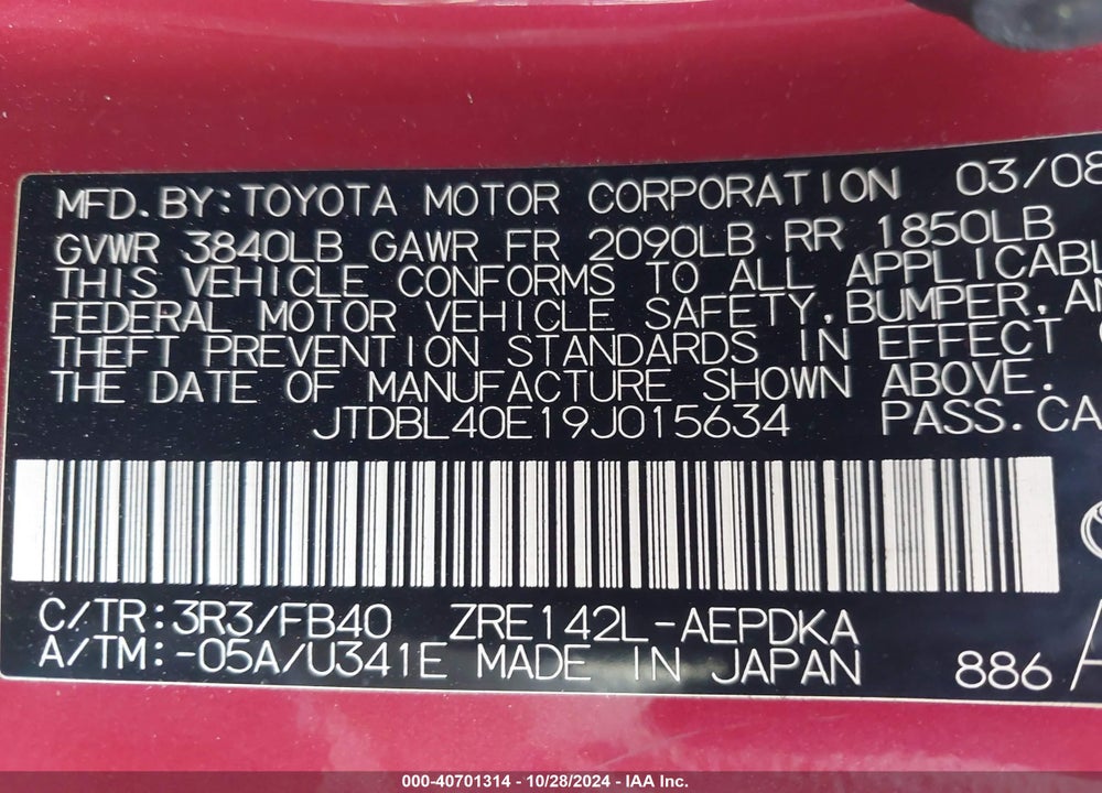 2009 TOYOTA COROLLA LE VIN: JTDBL40E19J015634