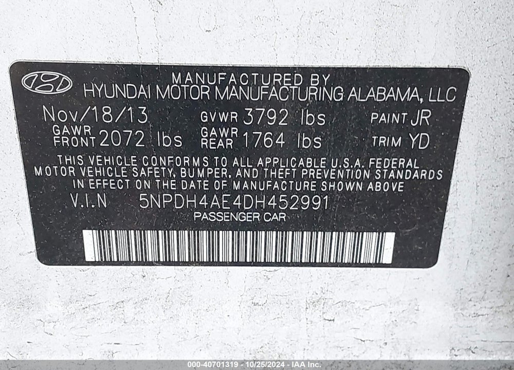2013 HYUNDAI ELANTRA GLS VIN: 5NPDH4AE4DH452991