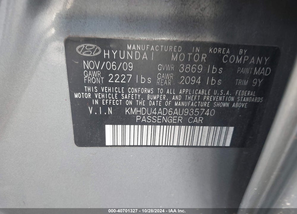 2010 HYUNDAI ELANTRA GLS VIN: KMHDU4AD6AU935740