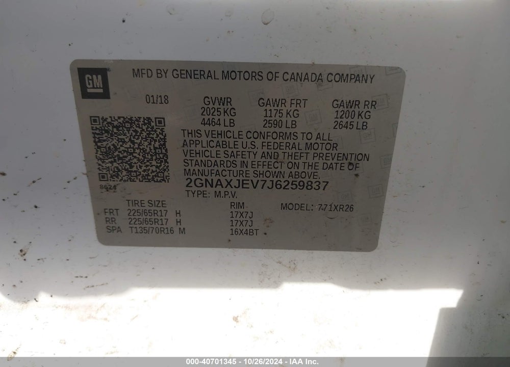 2018 CHEVROLET EQUINOX LT VIN: 2GNAXJEV7J6259837