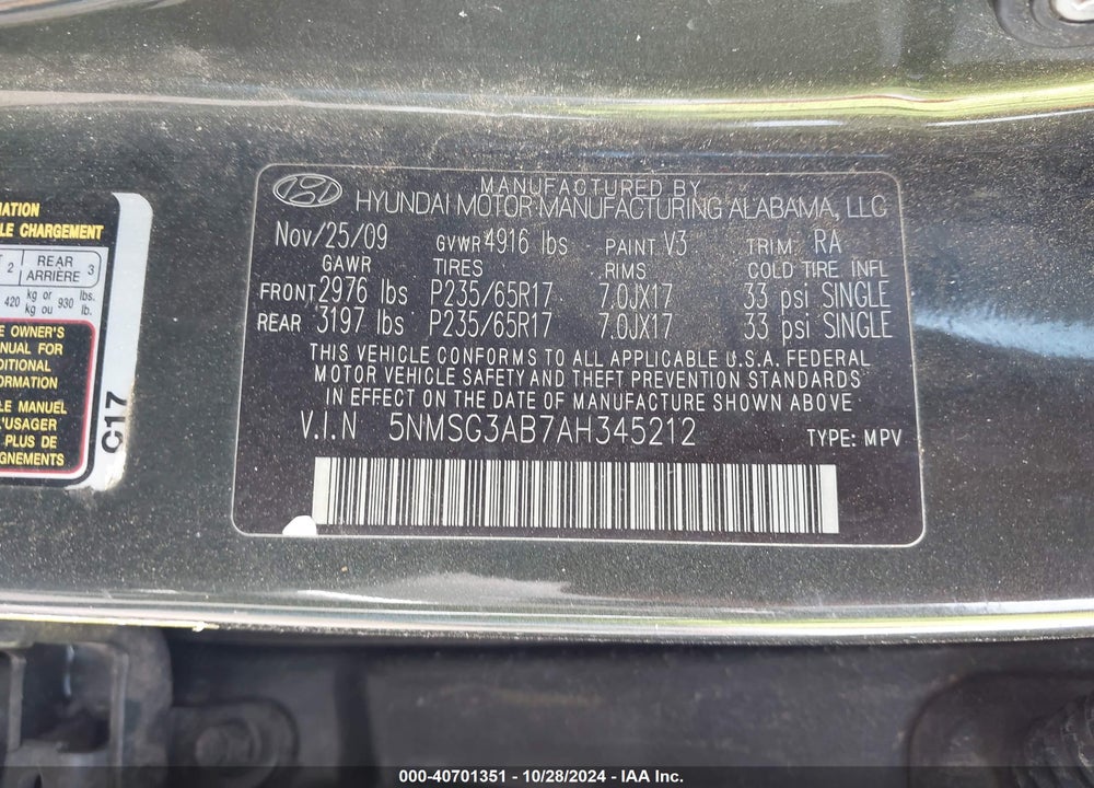 2010 HYUNDAI SANTA FE GLS VIN: 5NMSG3AB7AH345212