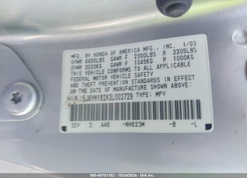 2003 HONDA ELEMENT DX VIN: 5J6YH182X3L002729