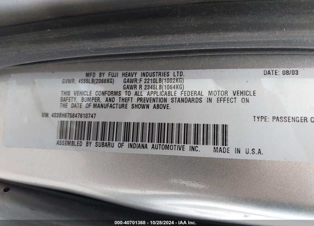 2004 SUBARU OUTBACK VIN: 4S3BH675847610747