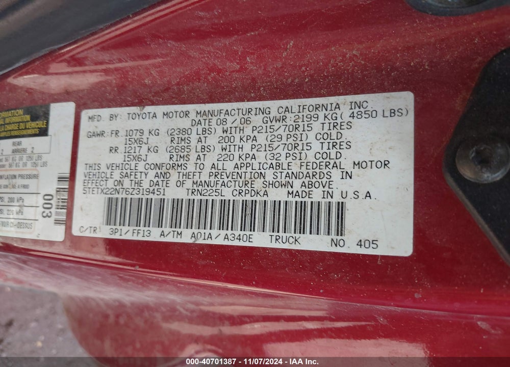 2006 TOYOTA TACOMA VIN: 5TETX22N76Z319451