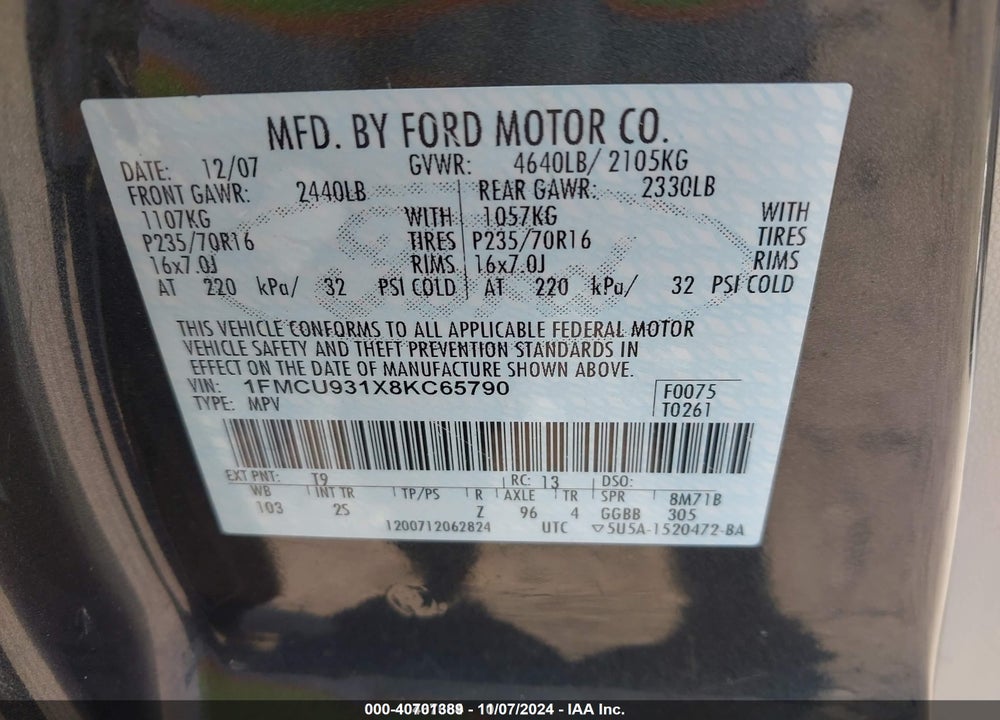 2008 FORD ESCAPE XLT VIN: 1FMCU931X8KC65790