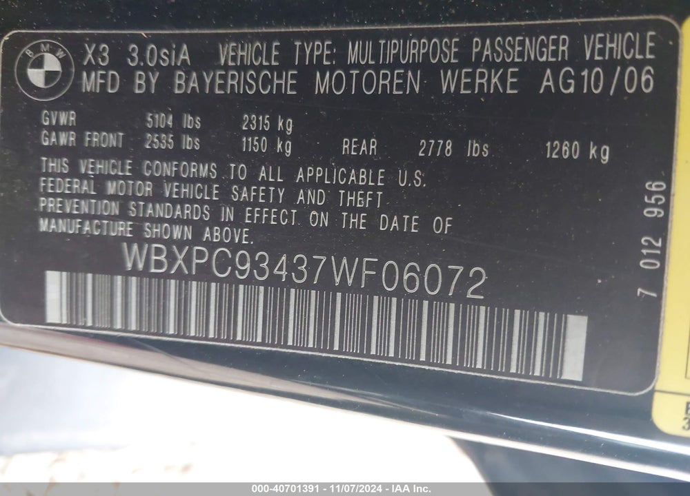 2007 BMW X3 3.0SI VIN: WBXPC93437WF06072