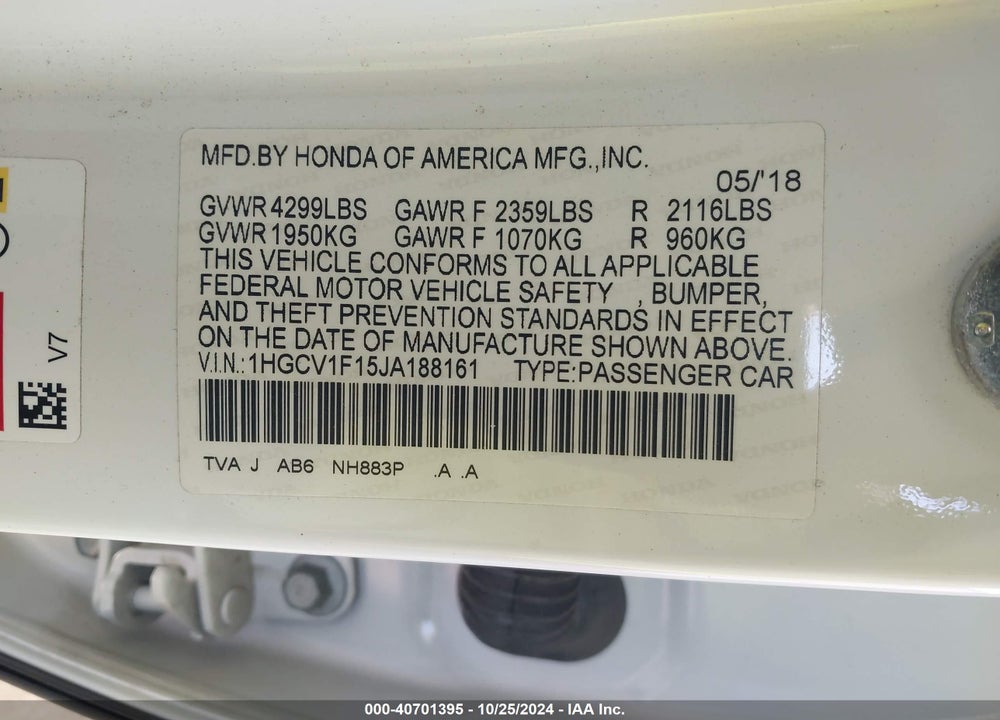 2018 HONDA ACCORD LX VIN: 1HGCV1F15JA188161