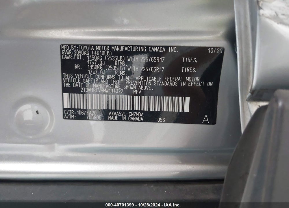 2021 TOYOTA RAV4 XLE VIN: 2T3W1RFV9MW114322