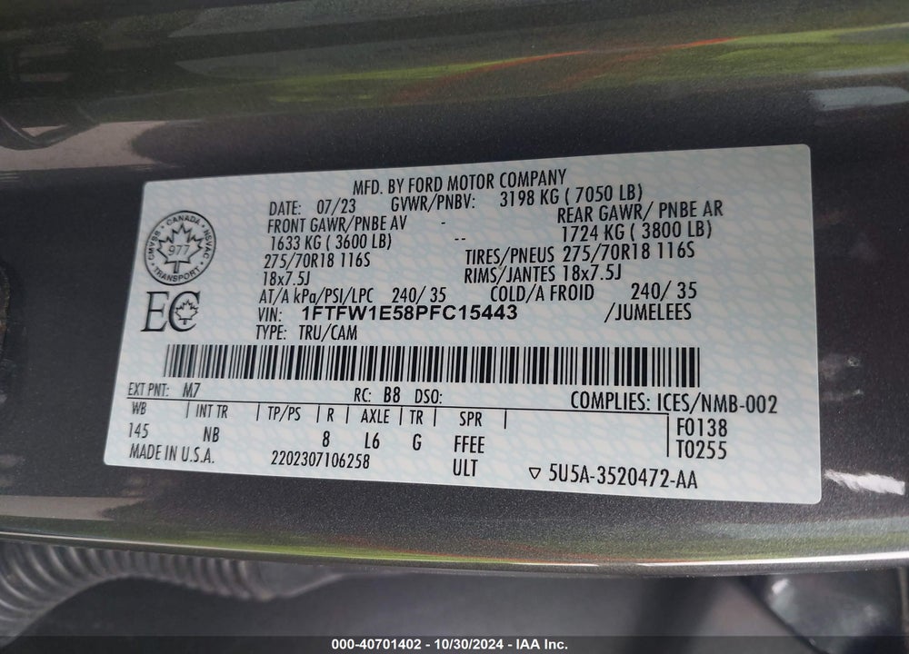 2023 FORD F-150 TREMOR VIN: 1FTFW1E58PFC15443