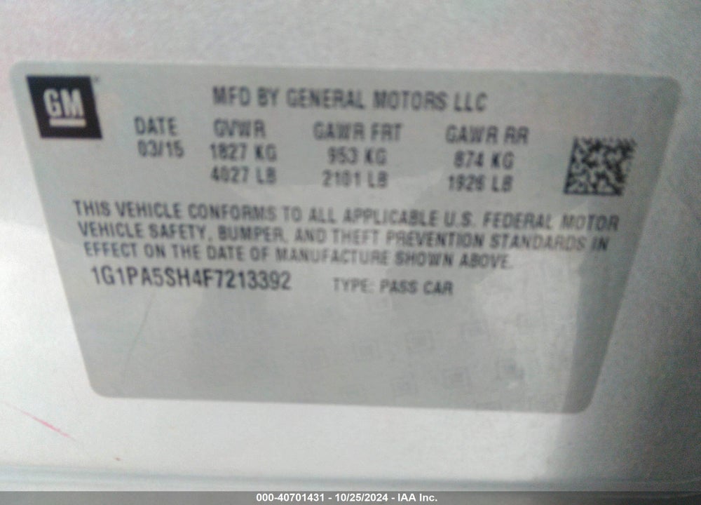 2015 CHEVROLET CRUZE VIN: 1G1PA5SH4F7213392