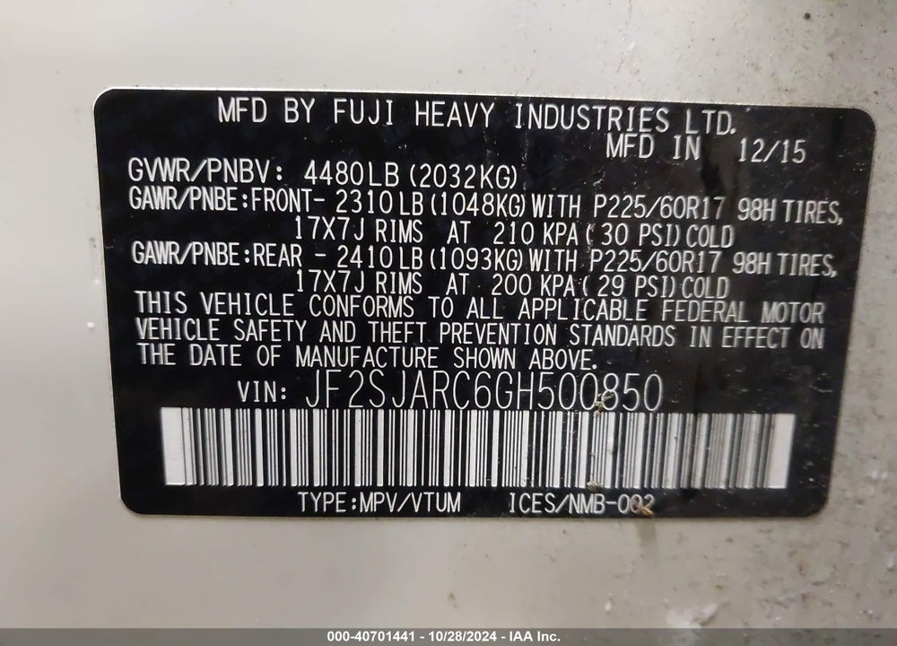2016 SUBARU FORESTER 2.5I LIMITED VIN: JF2SJARC6GH500850