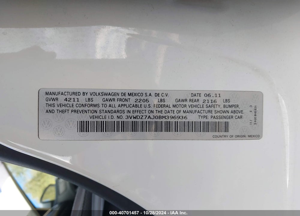 2011 VOLKSWAGEN JETTA 2.5L SE VIN: 3VWDZ7AJ0BM396936