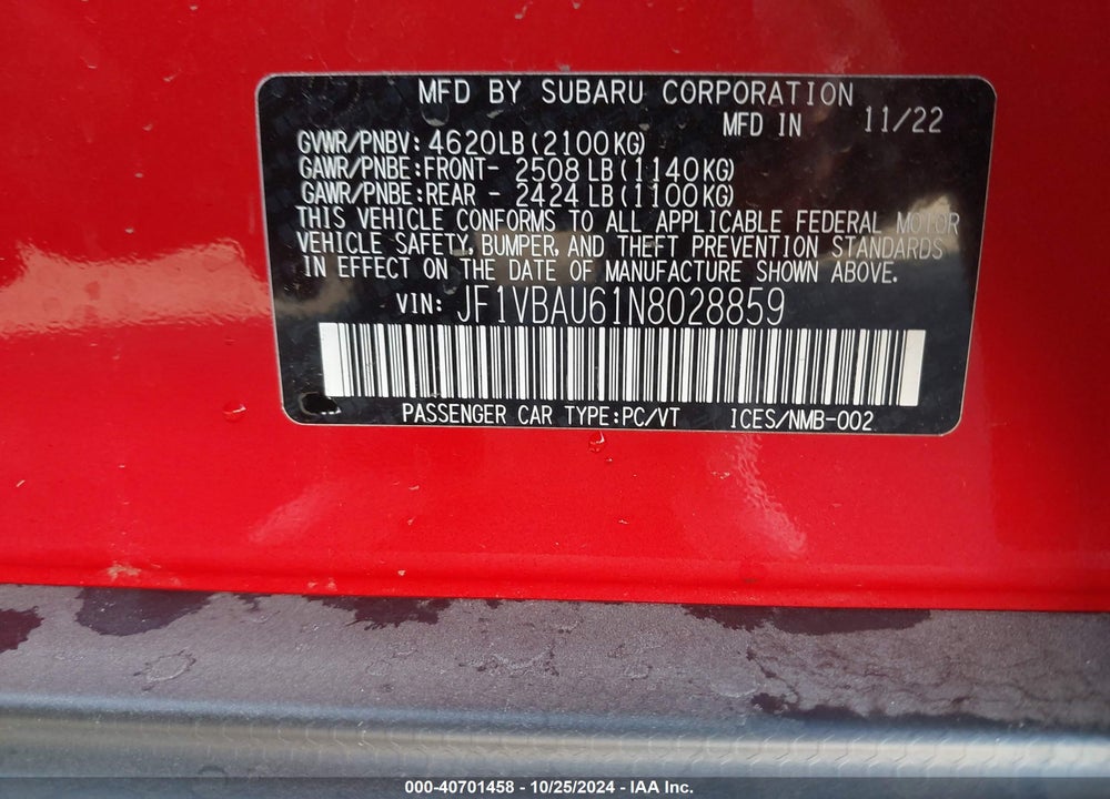2022 SUBARU WRX GT VIN: JF1VBAU61N8028859