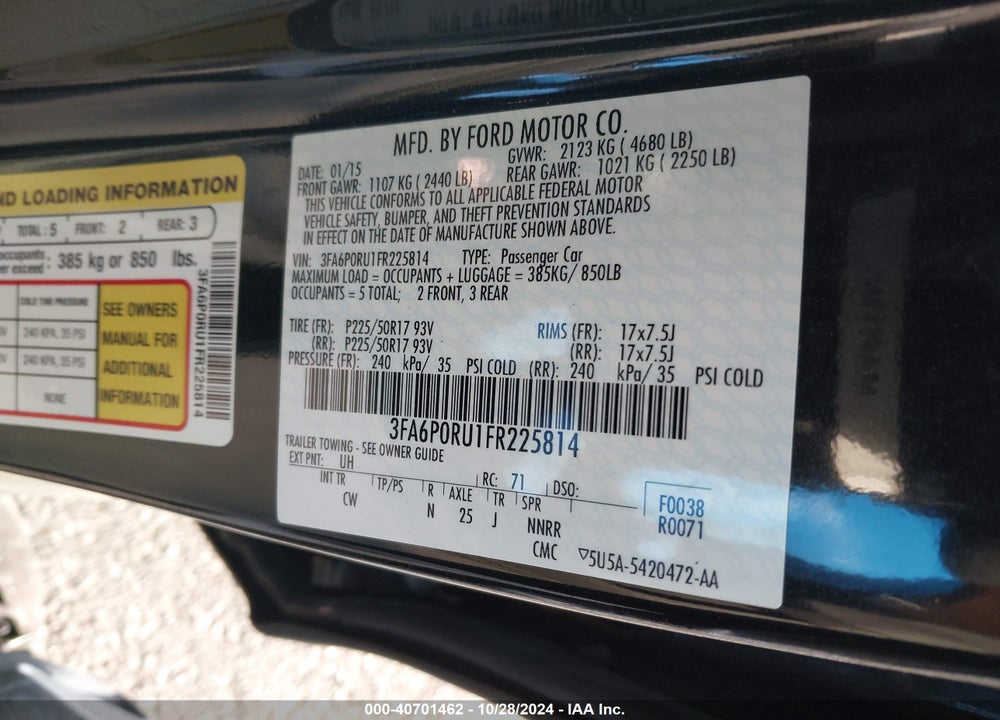 2015 FORD FUSION HYBRID TITANIUM VIN: 3FA6P0RU1FR225814