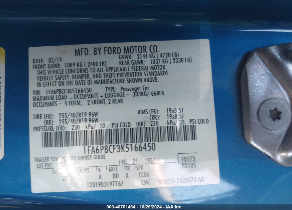 2019 FORD MUSTANG GT VIN: 1FA6P8CF3K5166450