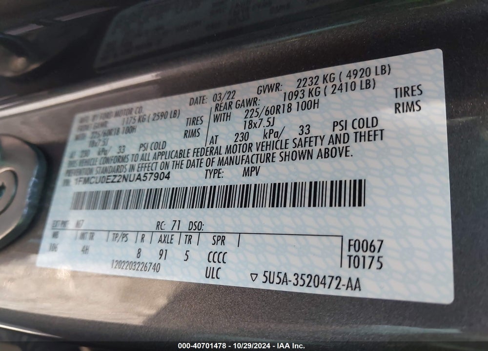 2022 FORD ESCAPE SE PLUG-IN HYBRID VIN: 1FMCU0EZ2NUA57904