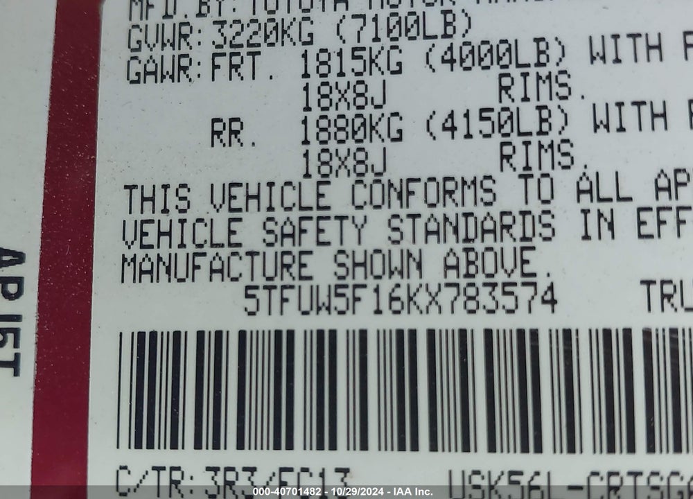 2019 TOYOTA TUNDRA SR5 5.7L V8 VIN: 5TFUW5F16KX783574